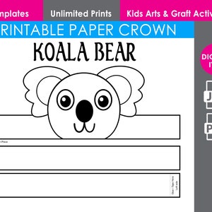 Koala Bear Printable Paper Crown. Print and Cut Crown Template. Party décor. Kids Accessories and Craft.