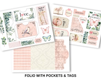 Folding Folio, Pink, Eucalyptus, Junk Journal Kit, Butterfly, Birthday Gift Card Holder, Junk Journal, Envelope, Clutch, Ephemera, Download