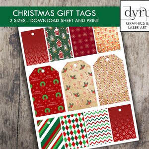 May include: Printable sheet of Christmas gift tags with various holiday patterns. The tags feature red, green, white, and brown colors with designs like candy canes, snowflakes, and wreaths. The sheet includes the text "Merry Christmas" and "dyru Graphics & Laser Art".