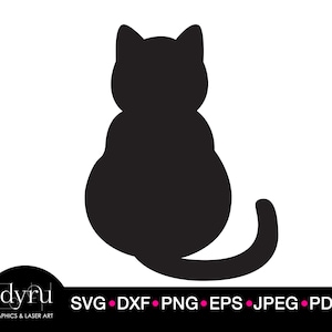 May include: Black silhouette of a cat sitting with its tail curled around its body.