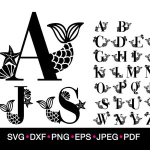 Mermaid Monogram, SVG Monogram, Cricut Mermaid, Lettering Clipart, SVG, Dxf, Png, Silhouette, Mermaid Template, Sea Clipart, Ocean Theme