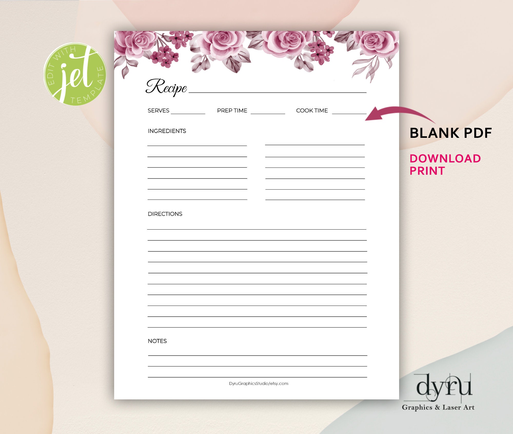 Pink Rose Recipe Template Jet Template Recipe (Download Now) - Etsy