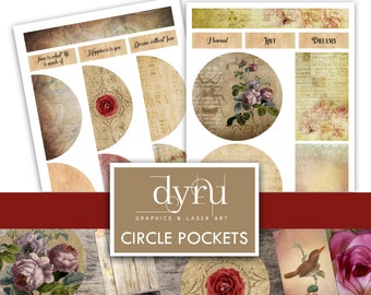 Rose Circle Pockets, Junk Journal Kit, Red Ephemera (Digital Download)