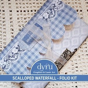 Blue Tri-fold Folio, Scalloped Waterfall Folio, Template, Trifold Folio Kit, Folio Kit, Junk Journal Printable, Craft kits, Dyru Graphics