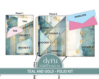 Blue Tri-fold Folio, Gold Folio, Folio Kit, Blue Junk Journal, Blue Ephemera, Journal Printable, Mini Junk Journal, Craft kit, Dyru Graphics