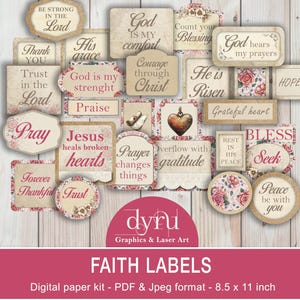 May include: A collection of rectangular, oval, and circular paper labels featuring religious text and floral motifs. Phrases include Be Strong in the Lord, God is my comfort, Trust in the Lord, and Praise. The set includes the brand name dyru Graphics & Laser Art.