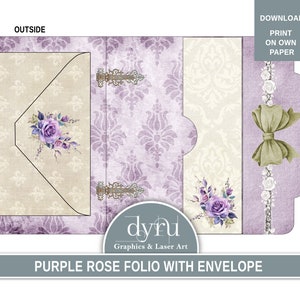 May include: A purple rose folio with an envelope, featuring a floral design. The folio has a damask pattern and a decorative bow. The text "PURPLE ROSE FOLIO WITH ENVELOPE" is displayed at the bottom.