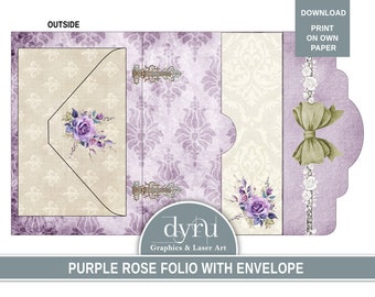 Purple Rose Folio, Vintage Folio, Fold Out Template, Trifold Folder, Folio Kit, Journaling Printable, Craft kit, Back Paper, Dyru Graphics