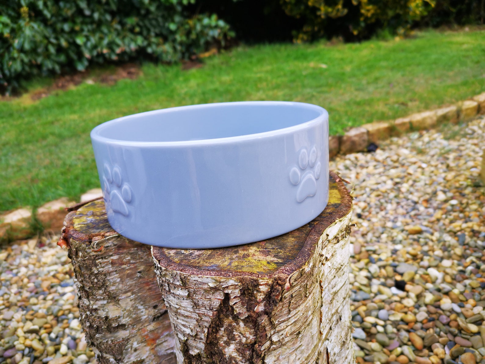 Large ceramic dog bowl with paw or Woof detail and Etsy