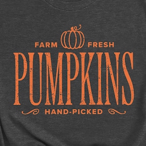 May include: A dark gray t-shirt with an orange graphic that says "Farm Fresh Pumpkins Hand-Picked" with a stylized pumpkin illustration.