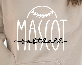 May include: A beige hoodie with a white graphic design that says "MASCOT softball" with a softball and leaves underneath the word "MASCOT". The text "FONT INCLUDED for MASCOT/TEAM NAME" is at the bottom of the image. The text "MIDDAY SVG" is in the bottom left corner of the image. The text "No. 1655" is in the bottom right corner of the image.