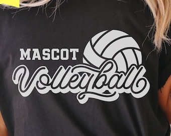 May include: A black t-shirt with a white volleyball graphic and the text "MASCOT Volleyball".