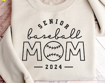May include: A beige sweatshirt with black text that reads "Senior baseball MOM - 2024 -" with a baseball graphic. The text "FONT INCLUDED for the YEAR" is below the sweatshirt. Below that is a white rectangle with the text "MIDDAY SVG" on the left and "SVG, PNG, EPS, DXF premium cut files" on the right. The text "No. 1631" is on the right side of the image.