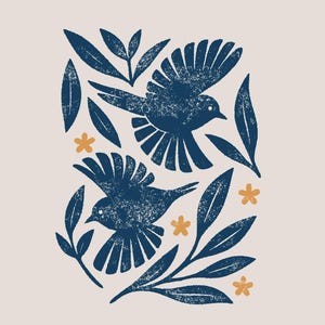 Oiseaux sauvages dans fleurs sauvages Svg png | Art mural moderne Mid-Century et création de chemise oiseau | Téléchargements numériques pour l'artisanat