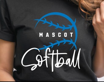 May include: A black t-shirt with a blue softball graphic and the text "MASCOT Softball". The font is included for the design.