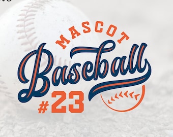 May include: A baseball-themed design with the word "Mascot" above the word "Baseball" in a blue and orange script font. The number "23" is below the word "Baseball" in orange. A baseball is in the background.