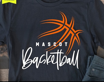 May include: A black t-shirt featuring an orange basketball graphic and the text "MASCOT Basketball" in white. The text "FONT INCLUDED for MASCOT" is below the graphic. The text "MIDDAY SVG" is in the bottom left corner and "No. 1552" is in the bottom right corner.