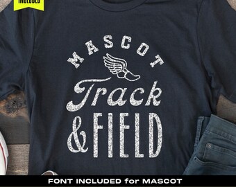 May include: A black t-shirt with a white graphic design that says "MASCOT Track & Field" with a stylized running shoe and wing design. The font is included for the design.