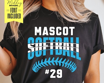 May include: Black t-shirt with the text "MASCOT SOFTBALL #29" in white and blue lettering. The text is layered with a baseball stitch design.