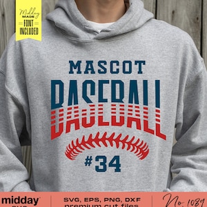 Pode incluir: Um moletom cinza com um gráfico de beisebol vermelho, branco e azul que diz "MASCOT BASEBALL #34".