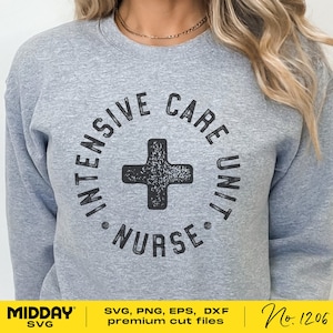 May include: A gray sweatshirt with a black graphic design that says "Intensive Care Unit Nurse" with a black cross in the center.