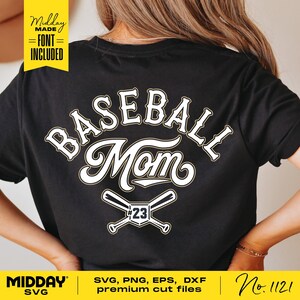 May include: A black t-shirt with a white design that says "BASEBALL Mom" with a baseball bat and ball graphic and the number 23.