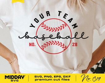 May include: White t-shirt with a red and black baseball graphic. The graphic says "Your Team Baseball" with the number 28.
