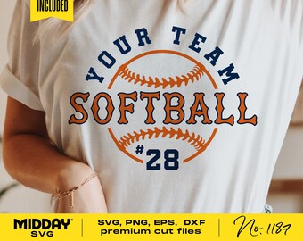 May include: White t-shirt with a softball design. The design includes the words "YOUR TEAM SOFTBALL" in navy blue and orange, with the number "28" below. The text "Midday" and "FONT INCLUDED" are also visible.