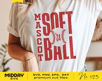 May include: A white t-shirt with a red graphic design that says "SOFTBALL" with a baseball and the number "24" in the middle. The text "MASCOT" is vertically stacked on the left side of the design.