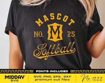 May include: A black t-shirt with a yellow graphic design that says "MASCOT NO. M 25 Softball". The graphic is in a vintage style with a shield shape around the letter "M".