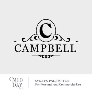 Op de afbeelding: Zwart-wit monogram ontwerp met de letter C in een cirkel en het woord CAMPBELL eronder. Het ontwerp bevat decoratieve versieringen. De tekst "MID DAY" en "SVG, EPS, PNG, DXF Files For Personal And Commercial Use" zijn ook in de afbeelding opgenomen.
