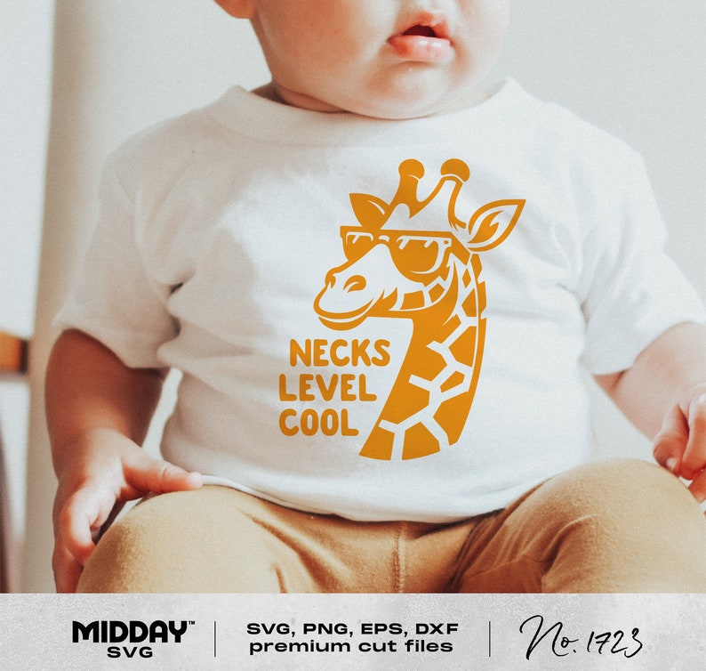 May include: A white t-shirt with a yellow giraffe wearing sunglasses and the text "NECKS LEVEL COOL".