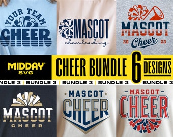 May include: A digital download bundle of six cheerleading designs featuring the text "Cheer" and "Mascot" in various styles and colors. The designs are perfect for creating t-shirts, mugs, and other merchandise.