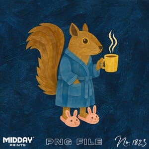 Écureuil buvant du café dans des chaussons de lapin PNG | Fichier numérique amusant à télécharger pour les amateurs de café et les fans d'animaux