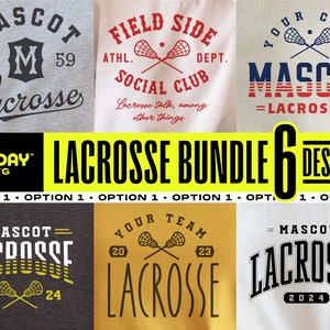 May include: A set of six lacrosse-themed designs for t-shirts. The designs feature different lacrosse stick and ball graphics, along with the words "Mascot Lacrosse" and "Your City Mascot Lacrosse".