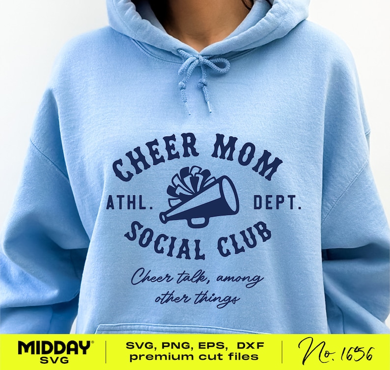 May include: Light blue hoodie with a navy blue graphic that says "Cheer Mom Athl. Dept. Social Club" with a megaphone and a cheerleading pom-pom. The text below the graphic says "Cheer talk, among other things".