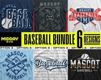 Pode incluir: Um download digital de seis designs SVG com tema de beisebol para camisetas. Os designs apresentam as palavras "Mascot Baseball" e "Your Team Baseball" com bolas de beisebol e bastões.