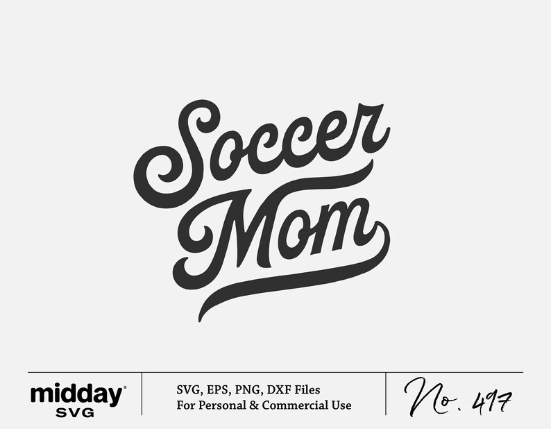 Może przedstawiać: Czarno-biały projekt graficzny z tekstem "Soccer Mom" w stylizowanym kroju pisma.