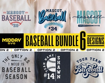 Pode incluir: Um conjunto de seis designs temáticos de beisebol para camisetas, com diferentes lemas e gráficos. Os designs incluem "Mascot Baseball", "The Only B.S. I Need Is Baseball Season", "Team Name Shawn #14" e "Your Team Baseball".