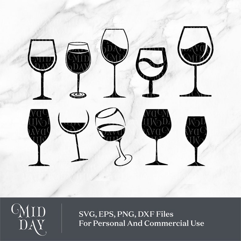 May include: A set of ten black silhouette wine glass designs. The glasses are in various shapes and sizes, including a standard wine glass, a champagne flute, and a goblet.