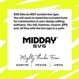 Pu&ograve; includere: Una grafica gialla e bianca con il testo "I file SVG NON contengono tipografia attiva. Dovrai installare i font inclusi per la personalizzazione nel tuo software di editing del design. Riceverai comunque file .EPS e .AI con il tipo attivo in un percorso." Il testo "MIDDAY SVG&reg;" &egrave; in un font di dimensioni maggiori. Il testo "Mighty Thanks From" &egrave; in un font corsivo. Il testo "AUSTIN | TEXAS | USA" &egrave; in un font di dimensioni minori.