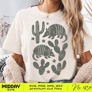 Armadillo Cactus SVG PNG Escena del desierto occidental Vaquero Vaquera Descarga digital Diseño campestre