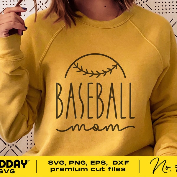 May include: Mustard yellow sweatshirt with the words "BASEBALL mom" in black script. The word "BASEBALL" is arched above the word "mom" and is framed by a baseball design. The sweatshirt has long sleeves and a crew neck.