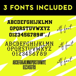 May include: Three different font styles are shown in black on a yellow background. The fonts include uppercase letters, numbers, and punctuation marks. The text "3 FONTS INCLUDED" is at the top of the image. The text "otf font" is written in cursive at the bottom right of each font style.