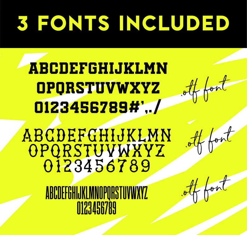 May include: Three different font styles are shown in black on a yellow background. The fonts include uppercase letters, numbers, and punctuation marks. The text "3 FONTS INCLUDED" is at the top of the image. The text "otf font" is written in cursive at the bottom right of each font style.