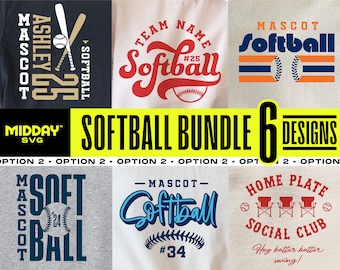 May include: A set of six softball-themed SVG designs for crafting. The designs feature various text and graphics, including "Softball", "Mascot", "Home Plate Social Club", and "Ashley 25".
