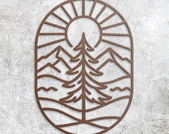 Boho Mountain Pine Metal Wall Art, Steel Cut Tree Sign, Sunburst Mountain Decor