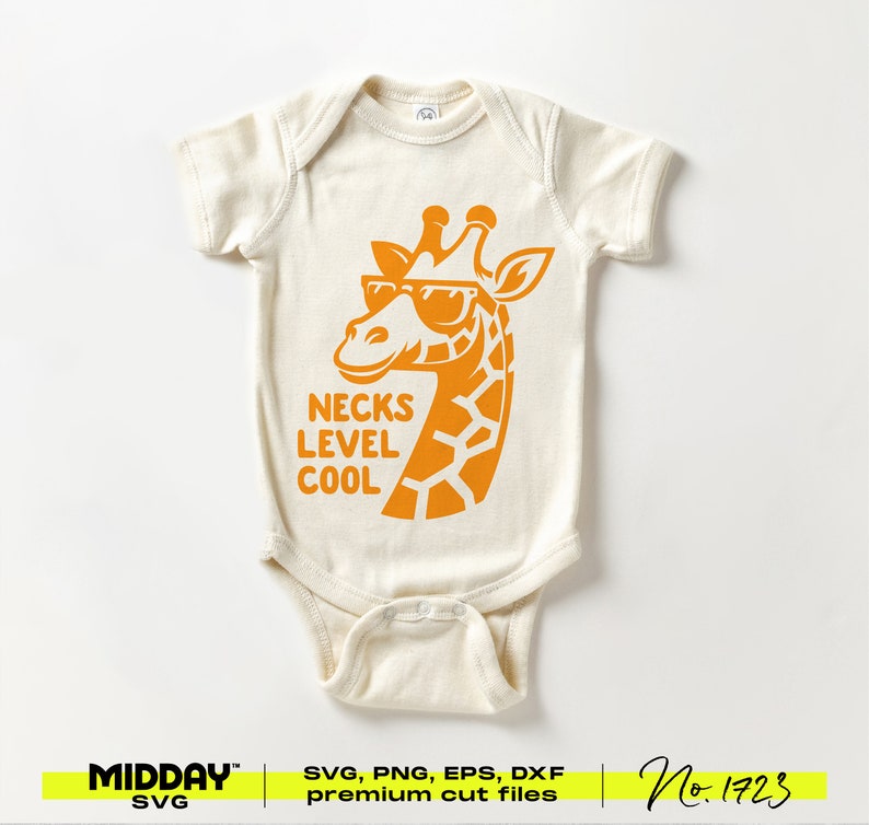 May include: A white baby onesie with an orange giraffe wearing sunglasses and the text "NECKS LEVEL COOL".