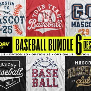 May include: A set of six baseball-themed SVG designs for t-shirts. The designs feature various baseball-related graphics and text, including "Mascot Baseball", "Your Team Baseball", and "Go Mascot #29".