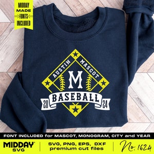 May include: A navy blue sweatshirt with a yellow baseball-themed design. The design features a diamond shape with a baseball inside, the letter "M", and the text "Austin Mascot Baseball 20 24".